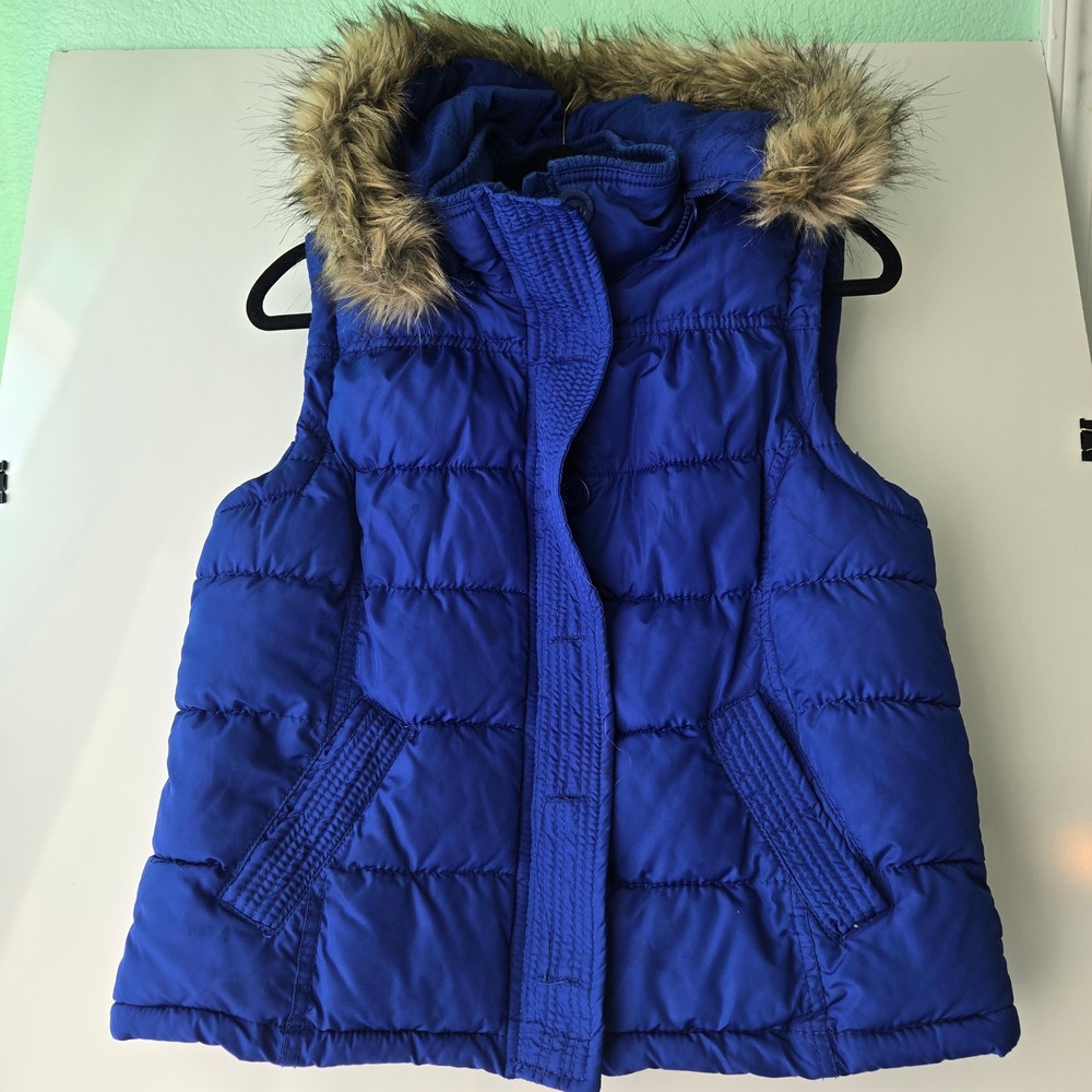 Women's Blue Puffer Vest with Faux Fur Trim